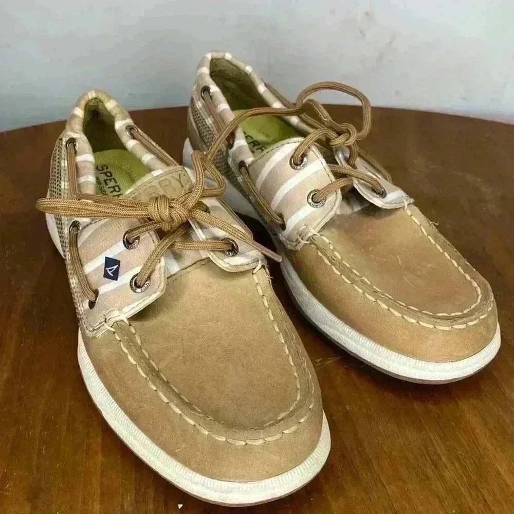 Sperry Angelfish Boat Shoes Size 5 Tan / Beige Striped (  Model STS95676 )
